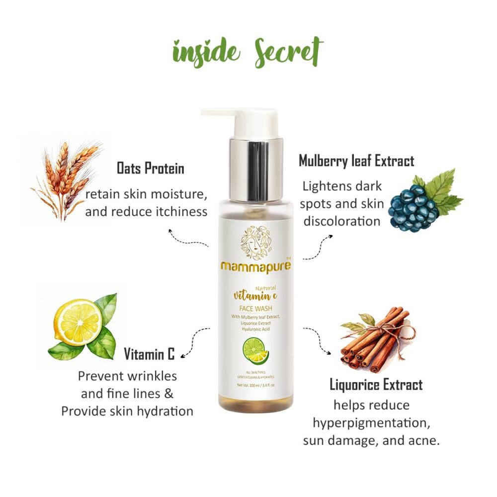 Mammapure Natural vitamin C Face wash|with Mulberry Leaf Extract,Hyaluronic Acid, Pro Vitamin B5|All Skin Type|100ml - Image 4